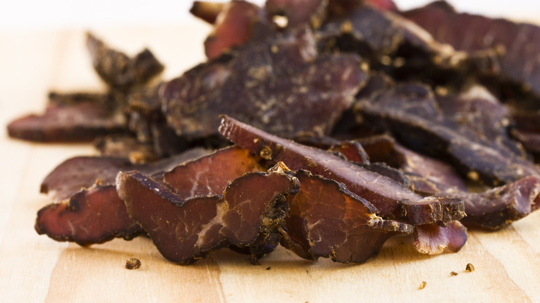 Close-up of some cut-up beef jerky
