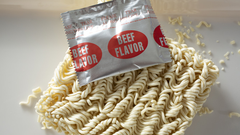 Dry ramen noodles and seasoning packet