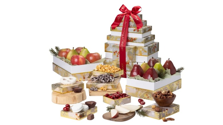 boxes of fruit, chocolates, nuts, and popcorn