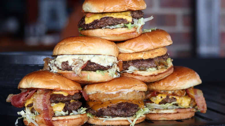 A stack of Bubba's 33 burgers piled in a pyramid