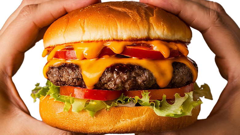 Close up of a burger held in a person's hands