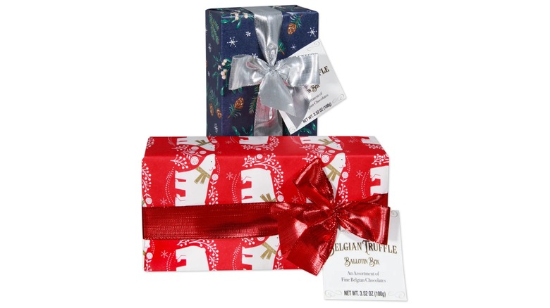 Red and blue-wrapped boxes of truffle chocolates