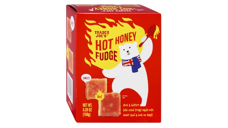 A red box of Trader Joe's hot honey fudge, featuring a polar bear wearing a UK flag scarf