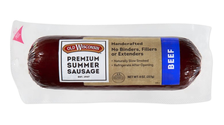A plastic wrapped Old Wisconsin Beef-brand Summer Sausage