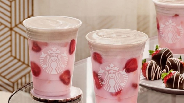 Starbucks Pink Drinks with chocolate covered strawberries