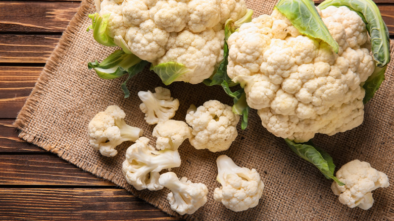 Cauliflower florets on burlap