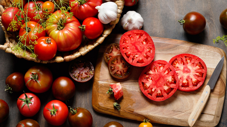 Sliced heirloom tomatoes on wood