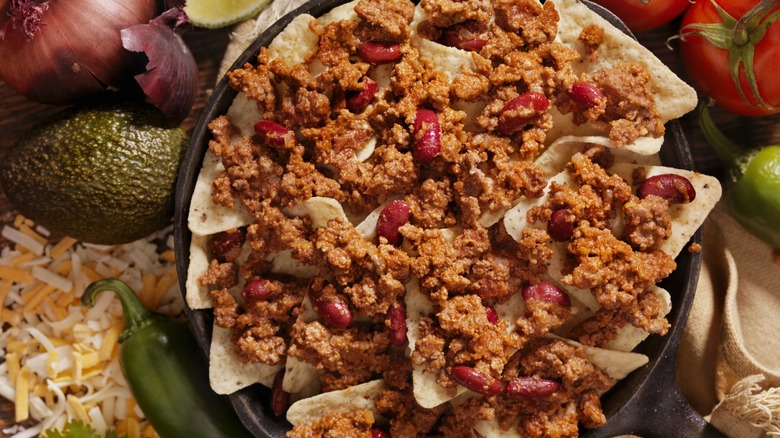 beef nachos in a skillet